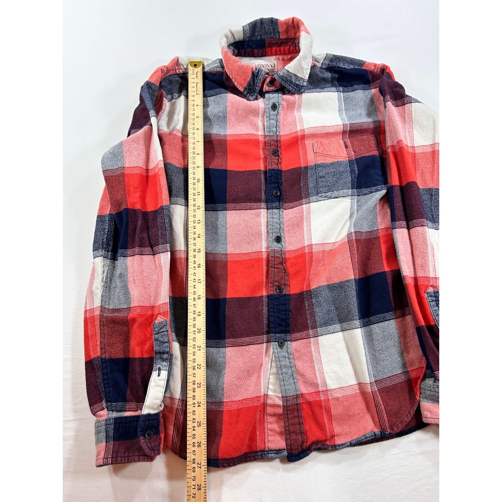 Merona Mens XL Red Blue White Plaid Flannel Button Down Shirt Long Sleeve - Picture 3 of 6